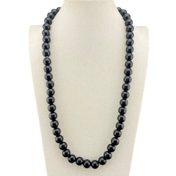 Jet Black Glass Beaded Necklace 16" Elegant Round Strand Statement Jewelry For W - Picture 1 of 8